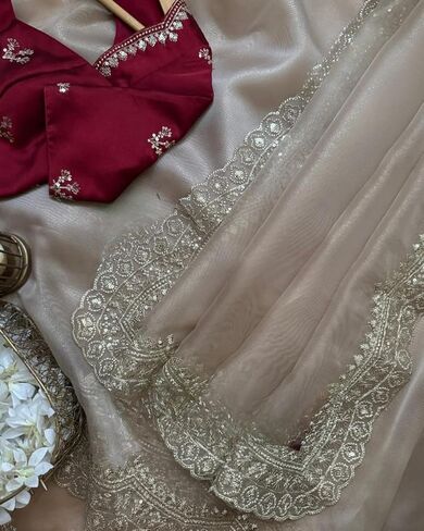 Women's Premium Embroidered Silk Saree With Blouse Piece | Indian Wedding & Party Wear Saree | Designer Border Work Traditional Saree in Saudi Arabia