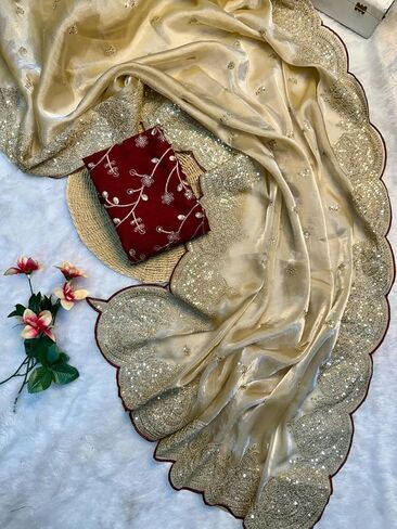 Women's Premium Embroidered Silk Saree With Blouse Piece | Indian Wedding & Party Wear Saree | Designer Border Work Traditional Saree in Saudi Arabia