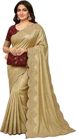 Women's Premium Embroidered Silk Saree With Blouse Piece | Indian Wedding & Party Wear Saree | Designer Border Work Traditional Saree in Saudi Arabia