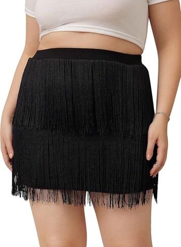 WDIRARA Women's Plus Size Fringe Tiered Skirt High Waisted Layered Swing Mini Skirt in Saudi Arabia