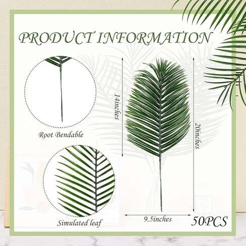 Taiyin 50 Pcs 20 Inches Easter Artificial Palm Leaves Large Tropical Green Leaves Plastic Jungle Fake Palm Leaves Plant Faux Safari Leaves for Easter Party Decoration in Saudi Arabia