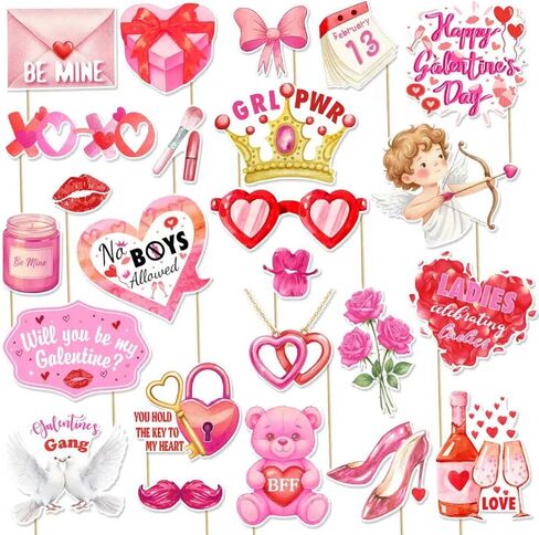 24Pcs Galentine's Day Decorations Photo Booth Props Including Masks, Love, Glasses, Mustache, Snowman for Galentines Valentines Day Party Decortions Supplies Ideas Favors in Saudi Arabia
