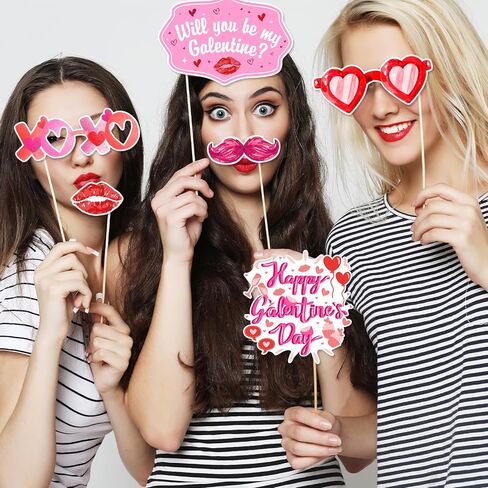 24Pcs Galentine's Day Decorations Photo Booth Props Including Masks, Love, Glasses, Mustache, Snowman for Galentines Valentines Day Party Decortions Supplies Ideas Favors in Saudi Arabia