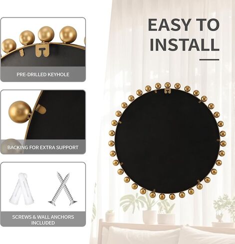 مرآة حائط مستديرة مقاس 30 بوصة مع إطار كروي ذهبي عتيق، مرآة مزخرفة مستديرة الشكل، مرآة بنمط أمة الله ذهبية عتيقة لغرفة النوم وغرفة المعيشة والمدخل والممر وديكور الحائط in Kuwait