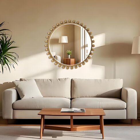 مرآة حائط مستديرة مقاس 30 بوصة مع إطار كروي ذهبي عتيق، مرآة مزخرفة مستديرة الشكل، مرآة بنمط أمة الله ذهبية عتيقة لغرفة النوم وغرفة المعيشة والمدخل والممر وديكور الحائط in Kuwait