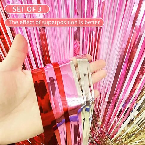 Valentines Day Decorations 3 Pack 3.2ft x 8.2ft Red Pink Foil Fringe Curtains Tinsel Backdrop Curtain Photo Booth Streamer for Valentine's Day Wedding Decoration Party Supply in Kuwait