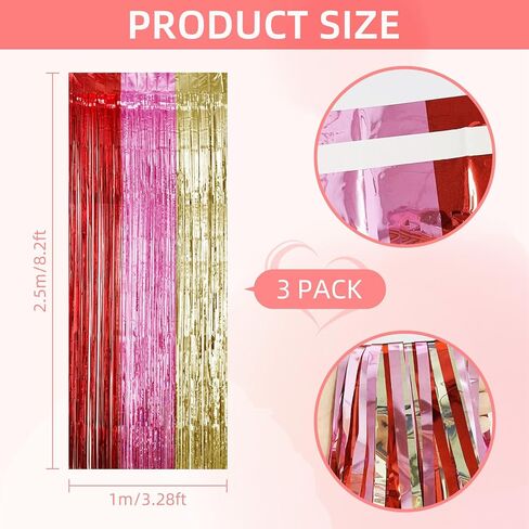 Valentines Day Decorations 3 Pack 3.2ft x 8.2ft Red Pink Foil Fringe Curtains Tinsel Backdrop Curtain Photo Booth Streamer for Valentine's Day Wedding Decoration Party Supply in Kuwait