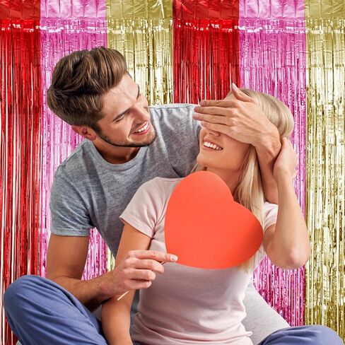 Valentines Day Decorations 3 Pack 3.2ft x 8.2ft Red Pink Foil Fringe Curtains Tinsel Backdrop Curtain Photo Booth Streamer for Valentine's Day Wedding Decoration Party Supply in Kuwait