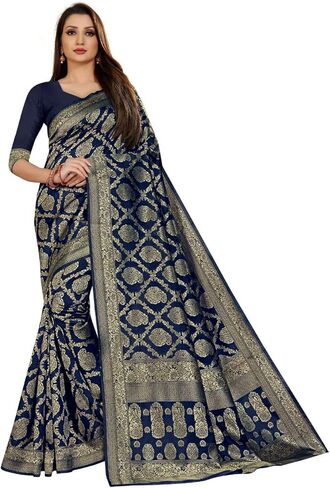 Textile Women's Kanjivaram Banarasi Jacquard Silk Saree With Blouse Piece (Q Navy Blue, Silk) in Kuwait