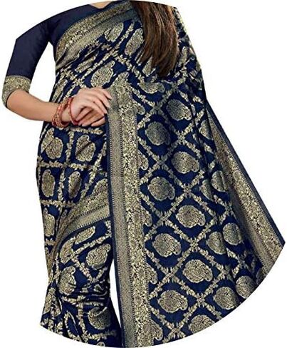 Textile Women's Kanjivaram Banarasi Jacquard Silk Saree With Blouse Piece (Q Navy Blue, Silk) in Kuwait