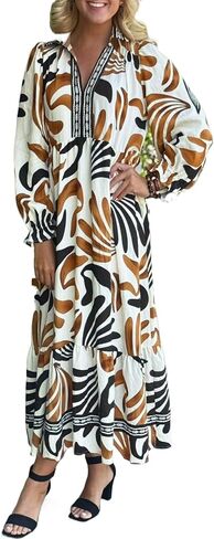 Women's Brown Floral Long Sleeve A-Line Dress for Daily Wear in Kuwait