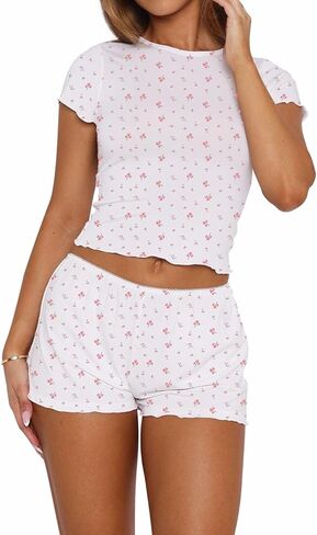 LEEDYA Women's Pajamas Cute 2-Piece Y2K Pajama Set Short Sleeve Crop Top PJ Sets Shorts Spring Summer Sleepwear in Saudi Arabia