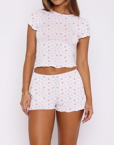 LEEDYA Women's Pajamas Cute 2-Piece Y2K Pajama Set Short Sleeve Crop Top PJ Sets Shorts Spring Summer Sleepwear in Saudi Arabia