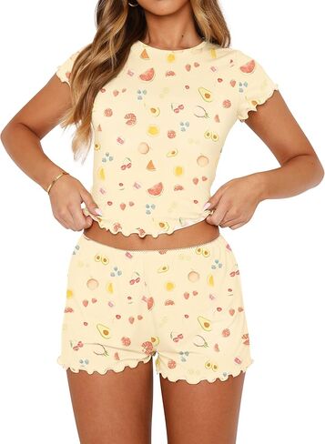 LEEDYA Women's Pajamas Cute 2-Piece Y2K Pajama Set Short Sleeve Crop Top PJ Sets Shorts Spring Summer Sleepwear in Saudi Arabia