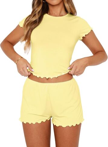 LEEDYA Women's Pajamas Cute 2-Piece Y2K Pajama Set Short Sleeve Crop Top PJ Sets Shorts Spring Summer Sleepwear in Saudi Arabia