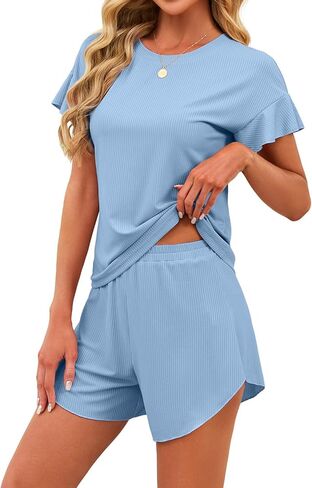 JUSTFASHIONNOW Women's Pajama Set Ruffle Sleeves Top and Short Soft 2 Piece Loungewear Set in Saudi Arabia