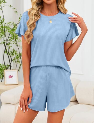 JUSTFASHIONNOW Women's Pajama Set Ruffle Sleeves Top and Short Soft 2 Piece Loungewear Set in Saudi Arabia