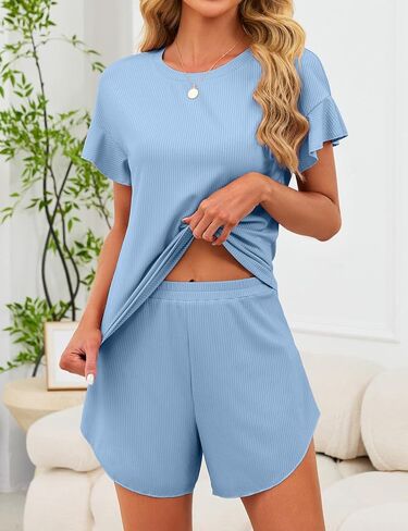 JUSTFASHIONNOW Women's Pajama Set Ruffle Sleeves Top and Short Soft 2 Piece Loungewear Set in Saudi Arabia