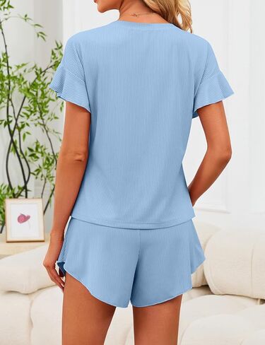 JUSTFASHIONNOW Women's Pajama Set Ruffle Sleeves Top and Short Soft 2 Piece Loungewear Set in Saudi Arabia