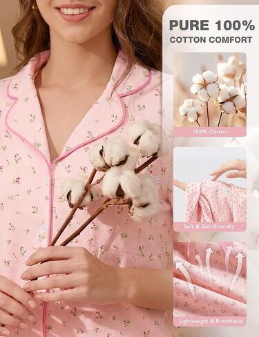 Bloggerlove 100% Cotton Pajamas for Women Set 2 Piece Soft Short Sleeve Pjs Button Down Lounge Sets with Pockets in Saudi Arabia