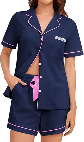 Bloggerlove 100% Cotton Pajamas for Women Set 2 Piece Soft Short Sleeve Pjs Button Down Lounge Sets with Pockets in Saudi Arabia