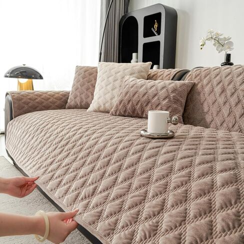 Velvet Couch Cover Washable Sectional Sofa Cover with Checkered Pattern for 3 Cushion Couch Sofa L Shaped Recliner Furniture Protector Covers for Pets Kids (Coffee,43"x43") in Saudi Arabia