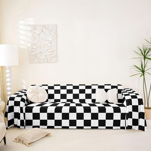 Erosebridal Farmhouse Buffalo Checked Couch Cover Black White Plaid Sofa Cover 71" x 118" Grid Lattice Pattern Sofa Protector Modern Geometric Couch Protector in Saudi Arabia