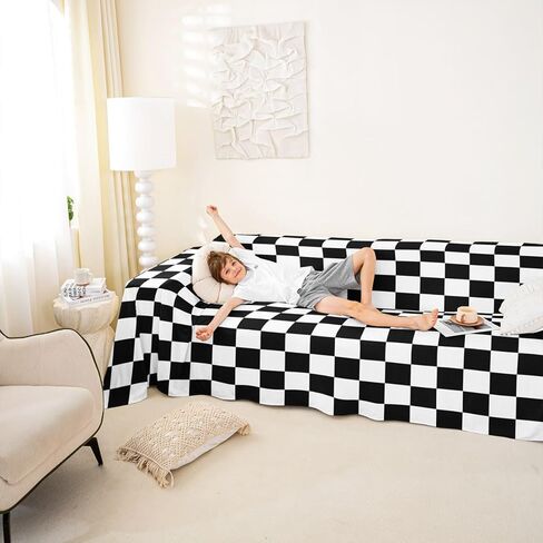 Erosebridal Farmhouse Buffalo Checked Couch Cover Black White Plaid Sofa Cover 71" x 118" Grid Lattice Pattern Sofa Protector Modern Geometric Couch Protector in Saudi Arabia