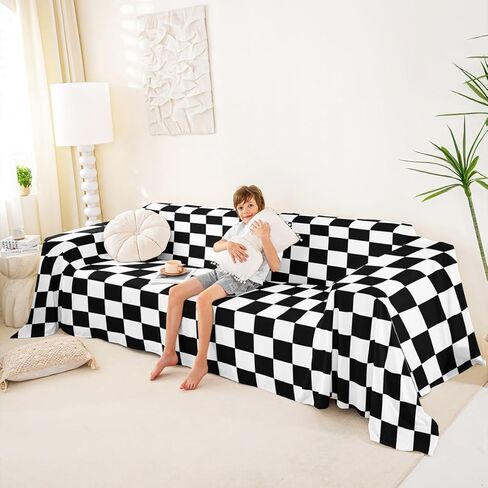 Erosebridal Farmhouse Buffalo Checked Couch Cover Black White Plaid Sofa Cover 71" x 118" Grid Lattice Pattern Sofa Protector Modern Geometric Couch Protector in Saudi Arabia