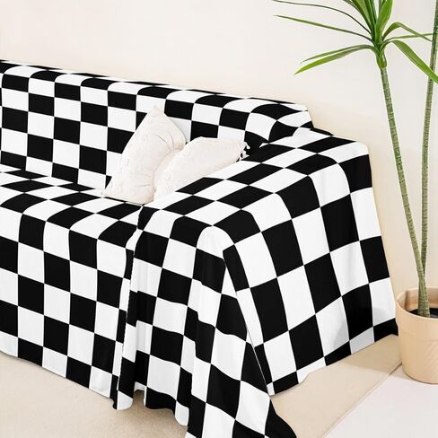 Erosebridal Farmhouse Buffalo Checked Couch Cover Black White Plaid Sofa Cover 71" x 118" Grid Lattice Pattern Sofa Protector Modern Geometric Couch Protector in Saudi Arabia