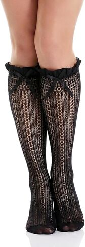 Fishnet Knee High Socks with Bow Lace Ruffle Fishnet Knee High Stockings for Women Heart Floral Long Lace Mesh Socks in Kuwait