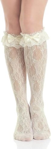 Fishnet Knee High Socks with Bow Lace Ruffle Fishnet Knee High Stockings for Women Heart Floral Long Lace Mesh Socks in Kuwait