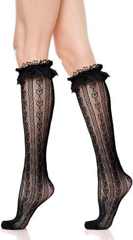 Fishnet Knee High Socks with Bow Lace Ruffle Fishnet Knee High Stockings for Women Heart Floral Long Lace Mesh Socks in Kuwait