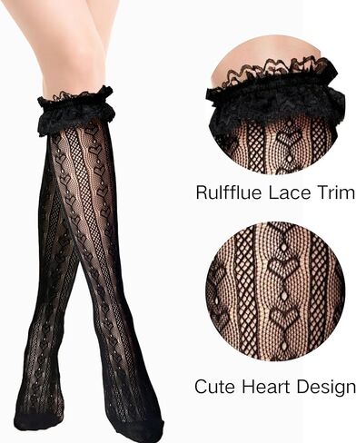 Fishnet Knee High Socks with Bow Lace Ruffle Fishnet Knee High Stockings for Women Heart Floral Long Lace Mesh Socks in Kuwait