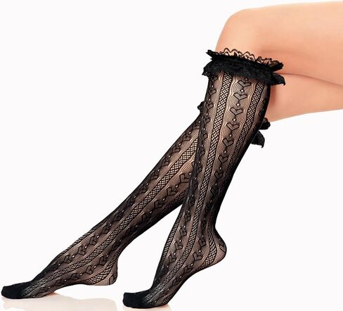 Fishnet Knee High Socks with Bow Lace Ruffle Fishnet Knee High Stockings for Women Heart Floral Long Lace Mesh Socks in Kuwait