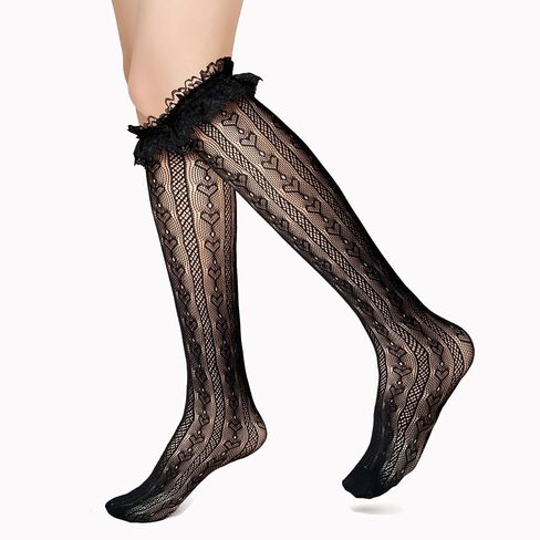 Fishnet Knee High Socks with Bow Lace Ruffle Fishnet Knee High Stockings for Women Heart Floral Long Lace Mesh Socks in Kuwait