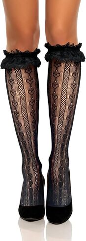 Fishnet Knee High Socks with Bow Lace Ruffle Fishnet Knee High Stockings for Women Heart Floral Long Lace Mesh Socks in Kuwait