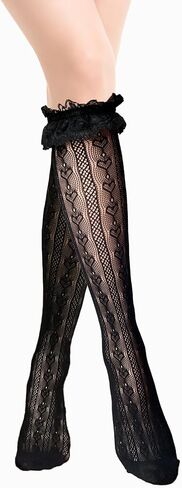 Fishnet Knee High Socks with Bow Lace Ruffle Fishnet Knee High Stockings for Women Heart Floral Long Lace Mesh Socks in Kuwait