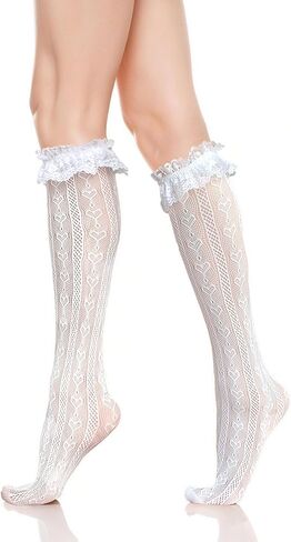 Fishnet Knee High Socks with Bow Lace Ruffle Fishnet Knee High Stockings for Women Heart Floral Long Lace Mesh Socks in Kuwait