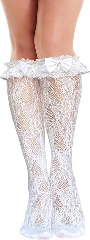 Fishnet Knee High Socks with Bow Lace Ruffle Fishnet Knee High Stockings for Women Heart Floral Long Lace Mesh Socks in Kuwait