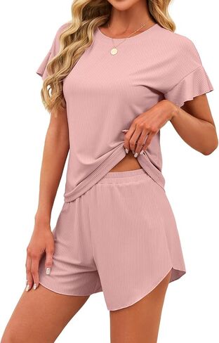 JUSTFASHIONNOW Women's Pajama Set Ruffle Sleeves Top and Short Soft 2 Piece Loungewear Set in Saudi Arabia
