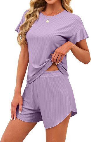 JUSTFASHIONNOW Women's Pajama Set Ruffle Sleeves Top and Short Soft 2 Piece Loungewear Set in Saudi Arabia