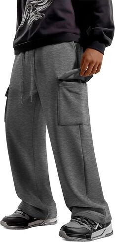 بنطال رياضي للأولاد بأرجل واسعة وخصر مرن مفتوح من الأسفل سراويل غير رسمية فضفاضة للتمرين والركض النشط مع 4 جيوب in Kuwait