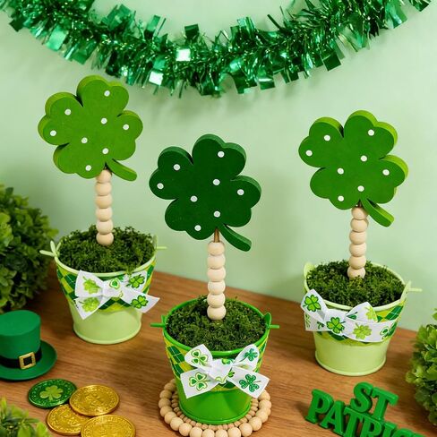 3 Pcs St. Patrick's Day Green Lucky Shamrock Artificial Potted Plants 7 In Wooden Shamrock Sign Holder Fake Moss Planters Ideal for Tiered Tray Decor St. Patrick's Day Gifts Table Centerpiece Party in Saudi Arabia