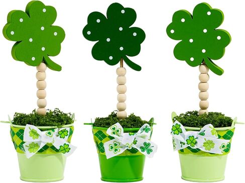 3 Pcs St. Patrick's Day Green Lucky Shamrock Artificial Potted Plants 7 In Wooden Shamrock Sign Holder Fake Moss Planters Ideal for Tiered Tray Decor St. Patrick's Day Gifts Table Centerpiece Party in Saudi Arabia