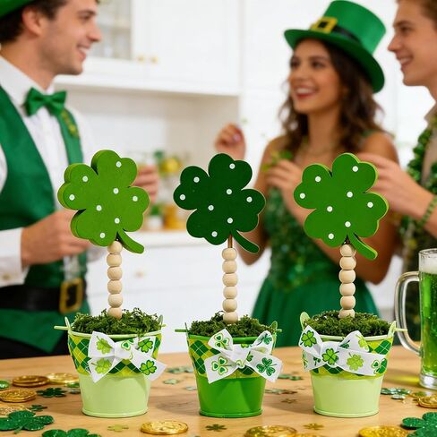 3 Pcs St. Patrick's Day Green Lucky Shamrock Artificial Potted Plants 7 In Wooden Shamrock Sign Holder Fake Moss Planters Ideal for Tiered Tray Decor St. Patrick's Day Gifts Table Centerpiece Party in Saudi Arabia