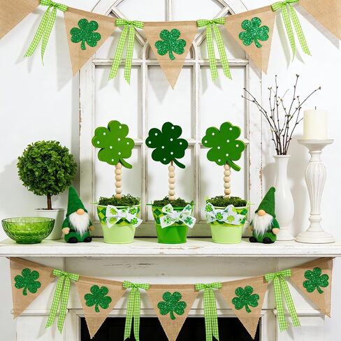 3 Pcs St. Patrick's Day Green Lucky Shamrock Artificial Potted Plants 7 In Wooden Shamrock Sign Holder Fake Moss Planters Ideal for Tiered Tray Decor St. Patrick's Day Gifts Table Centerpiece Party in Saudi Arabia