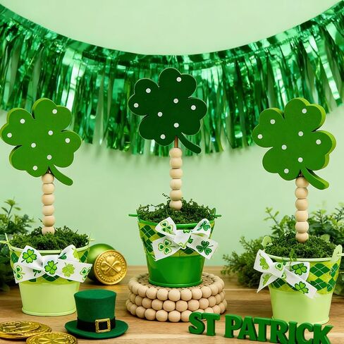 3 Pcs St. Patrick's Day Green Lucky Shamrock Artificial Potted Plants 7 In Wooden Shamrock Sign Holder Fake Moss Planters Ideal for Tiered Tray Decor St. Patrick's Day Gifts Table Centerpiece Party in Saudi Arabia