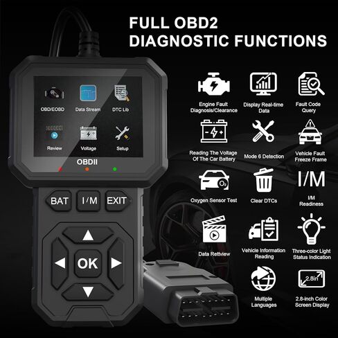 OBD2 Scanner Car Diagnostic Tool with 2.8" Color Display, Read & Clear Check Engine Codes, Live Data, I/M Readiness, O2 Sensor Test, Battery Voltage Check for Most 12V OBDII Vehicles in Saudi Arabia