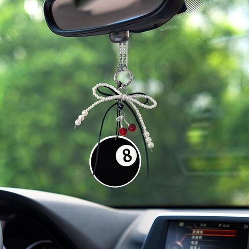 SuperKaKa Lucky 8 Ball Rearview Mirror Hanging Ornament, Car Accessories for Women, Cute Car Interior Decor Charm with Pearl Bow and Cherry Pendant, Rear View Mirror Decorations, Auto Accessories in Saudi Arabia